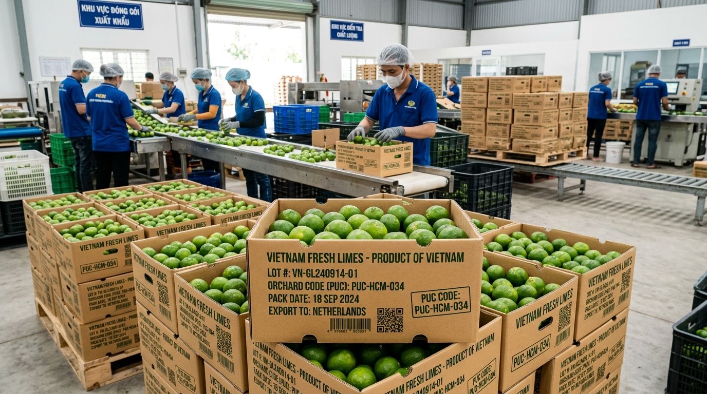 Đóng gói thùng carton chanh xuất khẩu có mã số PUC Đóng gói thùng carton chanh xuất khẩu có mã số PUC