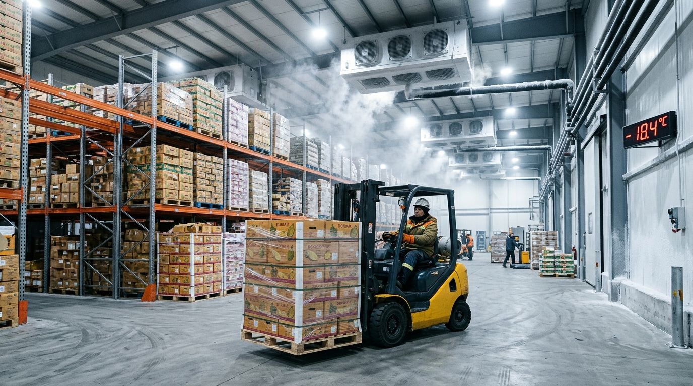Kho lạnh bảo quản trái cây xuất khẩu chuỗi lạnh ISO 22000 Vận hành kho lạnh công nghiệp kiểm soát nhiệt độ pallet trái cây xuất khẩu
