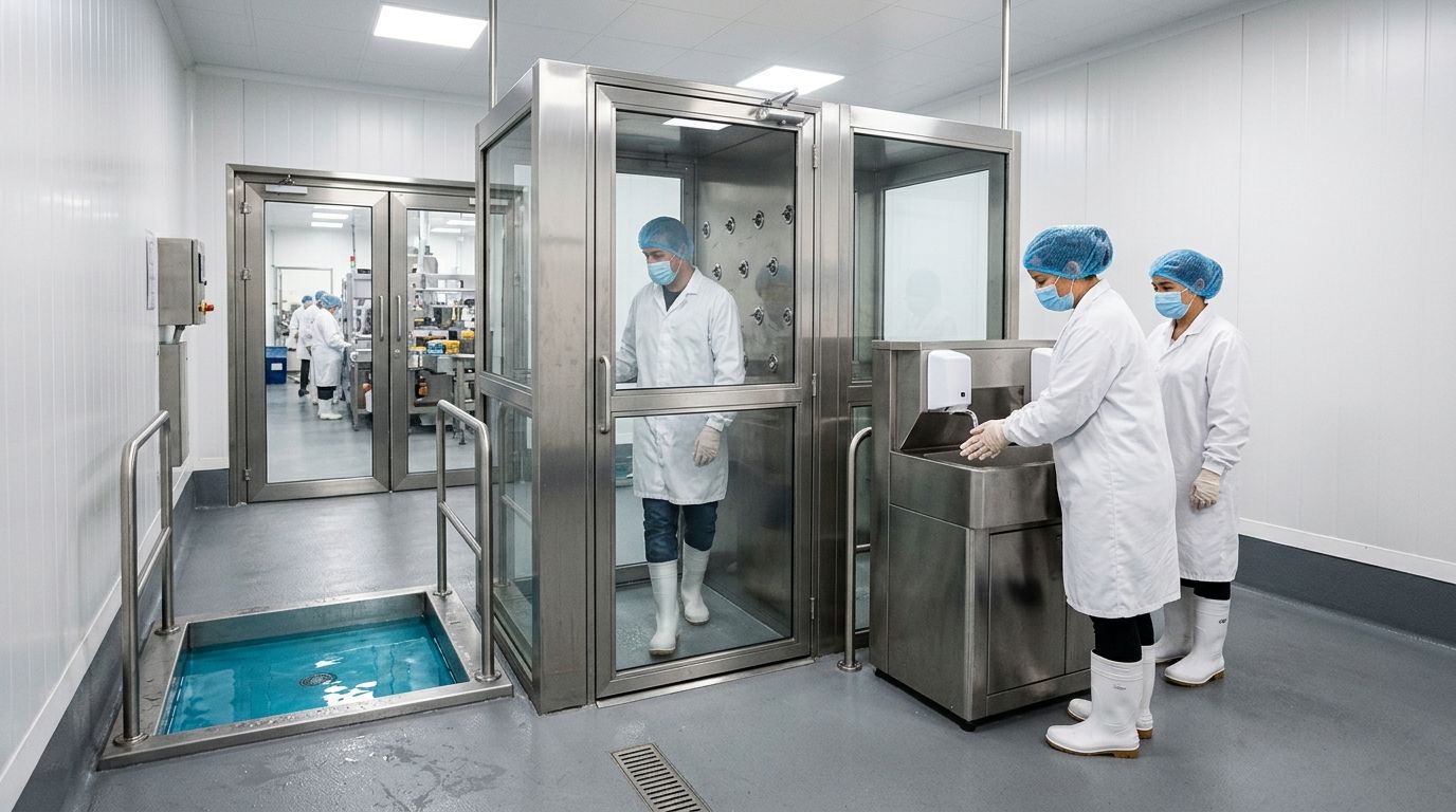 Khu vực vô trùng phòng đóng gói ISO 22000 Khu vực vệ sinh sát khuẩn công nhân trước khi vào phòng đóng gói sạch