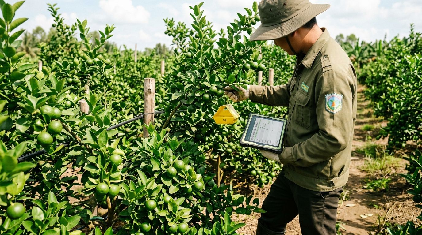 Kiểm tra sinh vật gây hại và bẫy dịch bệnh tại vườn chanh Kiểm tra sinh vật gây hại và bẫy dịch bệnh tại vườn chanh