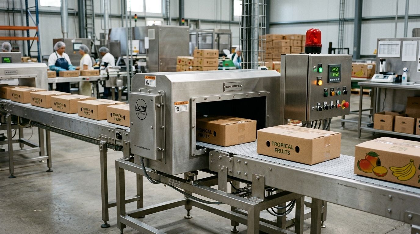 Máy dò kim loại kiểm soát dị vật trong đóng gói trái cây Máy dò kim loại quét thùng carton trái cây xuất khẩu trước khi dán nhãn