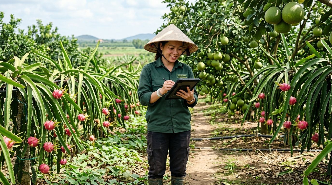 Nhật ký canh tác điện tử thông minh VietGAP 2026 Cán bộ kỹ thuật ghi chép nhật ký canh tác điện tử VietGAP trên máy tính bảng