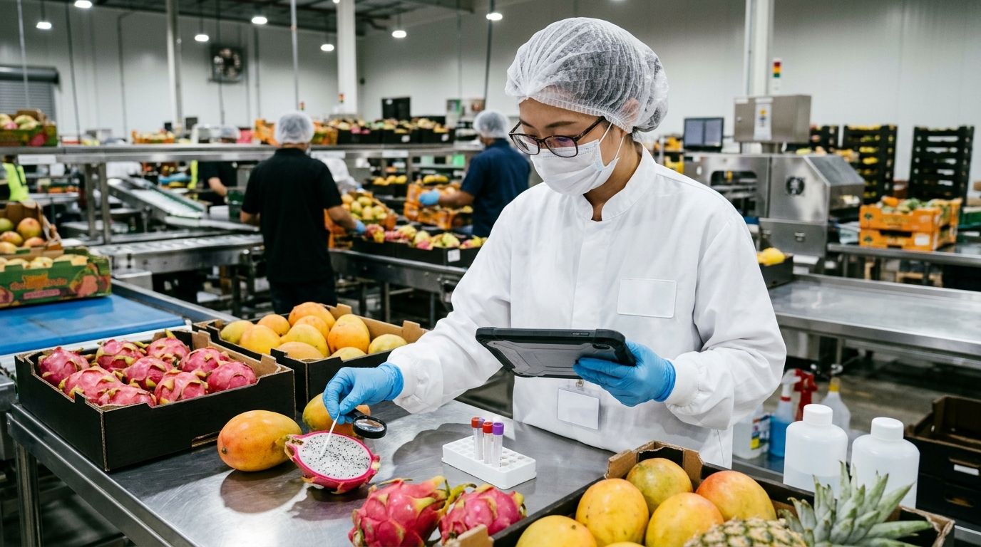 Phân tích mối nguy HACCP tại khâu tiếp nhận trái cây Nhân viên KCS kiểm tra an toàn dịch hại và ngoại quan trái cây đầu vào