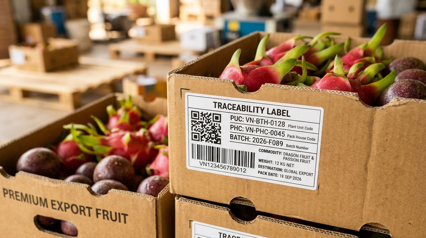 Tem truy xuất nguồn gốc mã QR thùng trái cây xuất khẩu Thùng carton trái cây xuất khẩu dán tem truy xuất nguồn gốc mã QR và mã PUC